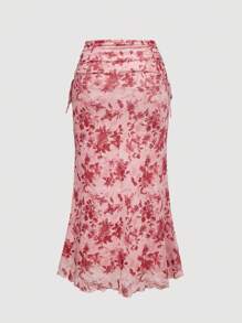 SHEIN MOD 大码女式花卉印花扭纹前开襟喇叭袖上衣和鱼尾裙优雅套装 - 粉色 - 查看 5