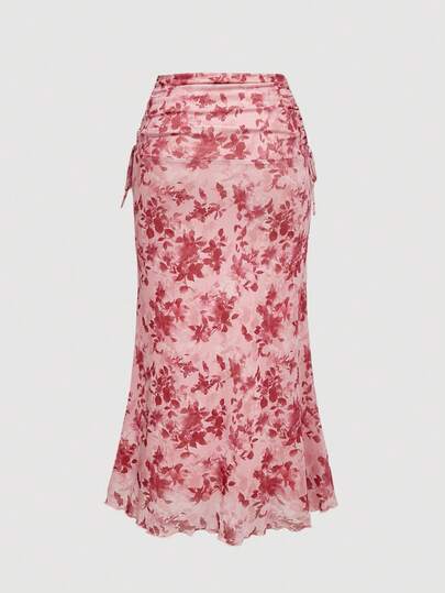 SHEIN MOD Bộ đồ thanh lịch áo tay loe xoắn phía trước họa tiết hoa cỡ lớn dành cho nữ và chân váy đuôi cá