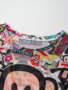 Paul Frank X SHEIN Women's Cartoon Pattern Tight Fit Crew Neck Long Sleeve Top - Multicolor - View 4