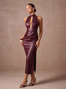 Lumalex 秋冬季仿皮亮面高领V领镂空修身开衩连衣裙，女士派对必备，优雅魅力，新款时尚，奢华舞会聚会宴会，低调奢华，闪耀节日派对狂欢节郊游度假，户外热门，层次丰富，婚礼季宴会，宰牲节派对新年皮裙酒红色连衣裙，镂空连衣裙 - 酒紅色 - 查看 5