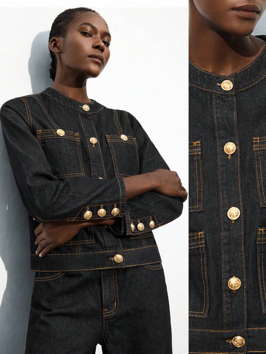 Maija 女式休闲单排扣长袖牛仔夹克 - 深色水洗藍 - 查看 1