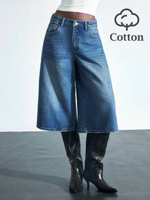 Maija 女式休闲水洗阔腿七分裤 - 中等水洗藍 - 查看 4