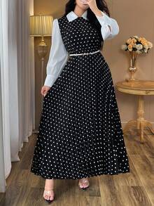 Auvina Váy dài tay cổ bẻ chấm bi thường ngày dành cho nữ - Đen và trắng - Xem 3
