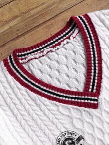 Manfinity Joysei 男士休闲拼布条纹装饰V领字母图案毛衣，秋冬 - 白色 - 查看 3