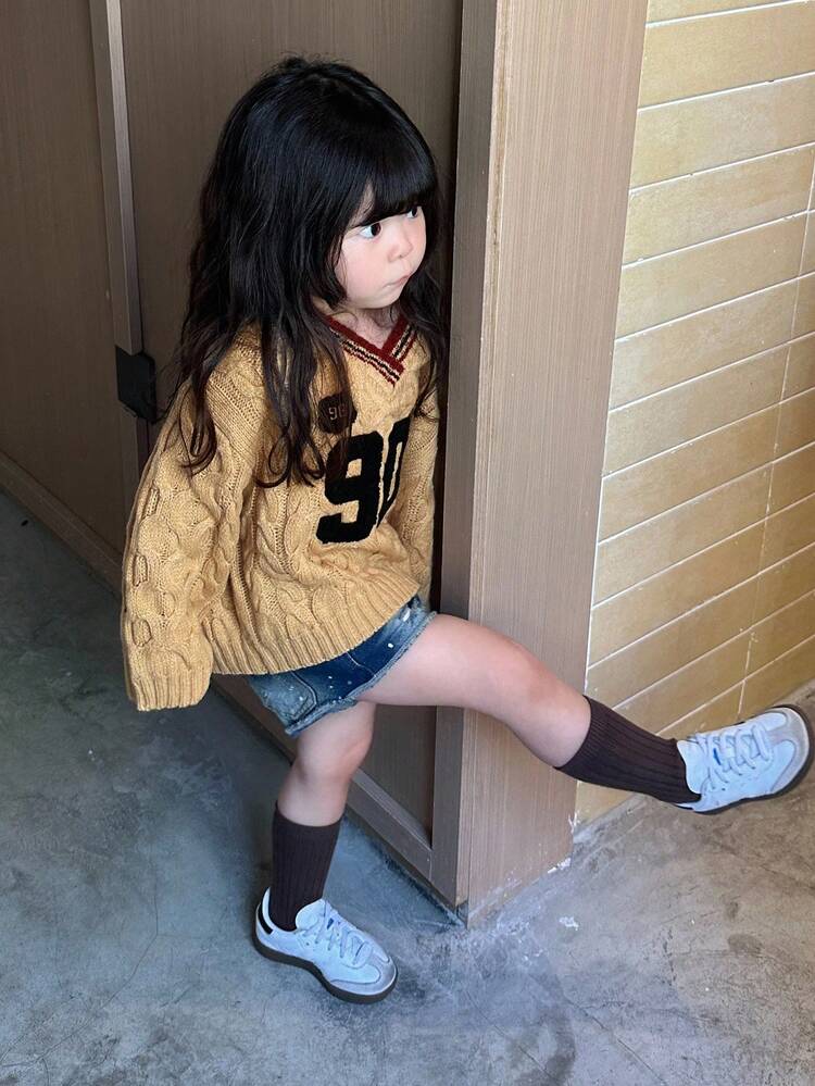 Toddler Girls' V-Neck Contrast Color Casual Long Sleeve Sweater, Autumn/Winter