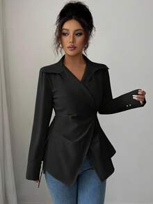 Elenzga 女式纯色长袖褶皱不对称下摆优雅办公室衬衫 - 黑色 - 查看 3