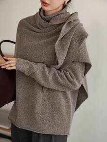 Dazy-Less 女士宽松商务休闲斗篷式针织毛衣套装，适合秋冬季办公室穿着 - 棕色 - 查看 6