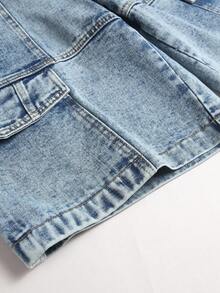 Manfinity Hypemode Pantaloni scurți din denim pentru bărbați, simpli, cu buzunare, croială lejeră, casual, pantaloni scurți cargo din denim pentru bărbați, pantaloni scurți Carpenter, spălare deschisă - Spălare ușoară - Vizualizare 5
