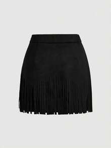 SHEIN Tall CURVE Plus Size Women's Vintage Hippie Rivet Fringe Black A-Line Skirt, Fall Winter Skirt, Summer, Valentine,Daily Life, Commuting, Studying, Teachers, Meetings, Office,Graduation Ceremony, Elegant, Casual,Black Skirt - Black - View 2