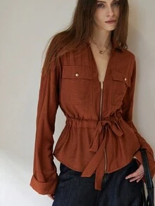 Aveloria Modichic Áo sơ mi nữ dài tay cổ điển đa năng, cổ chữ V, cổ bẻ màu cam-nâu, khóa kéo phía trước, thiết kế eo thắt chặt - màu nâu - Xem 1