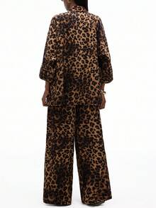 Aveloria GENKIRA 2pcs Set: Random Print Leopard Pattern 3/4 Sleeve Shirt Collar & Wide Leg Loose Pants Fall Cloth For Women - Multicolor - View 2