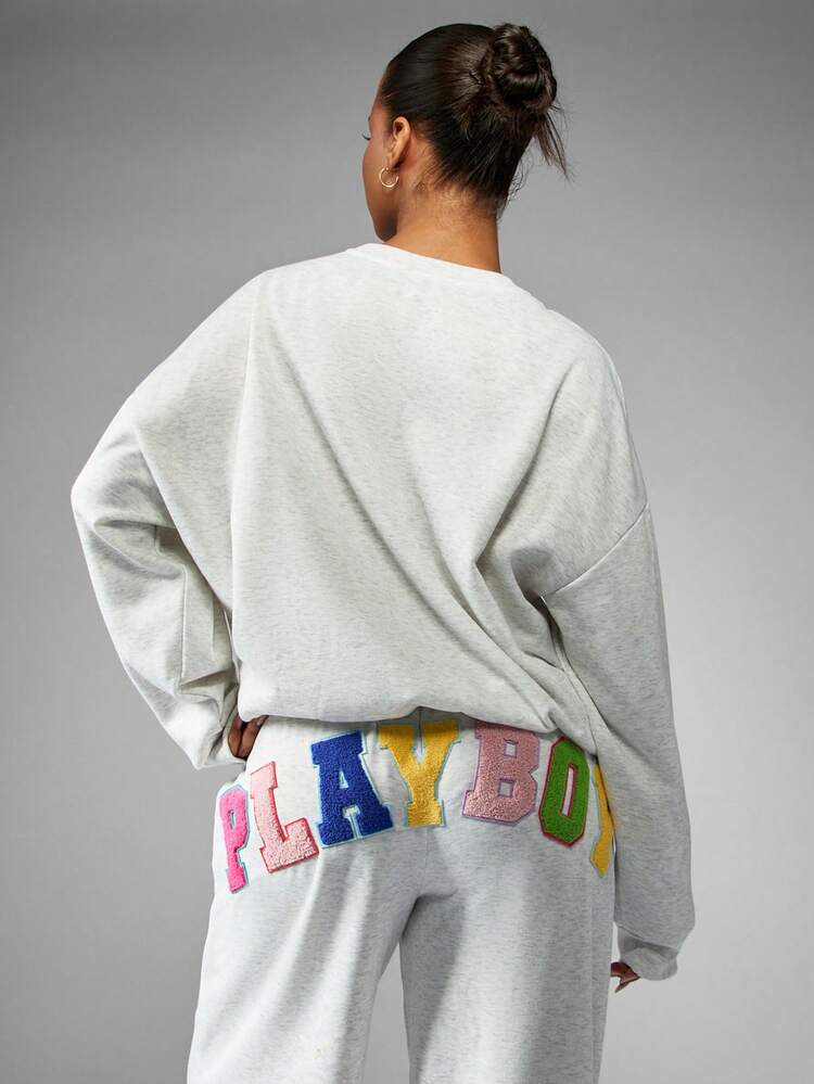 Missguided x Playboy Oversized Sweatshirt With Colorful Applique Letter Patches And Number Design For Casual Winter Wear