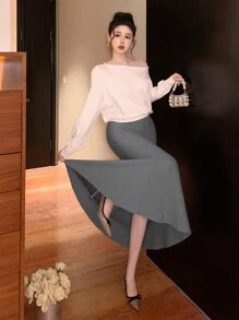 DAZY 女士优雅纯色美人鱼下摆毛衣半身裙，秋冬女装半身裙 - 灰色 - 查看 3