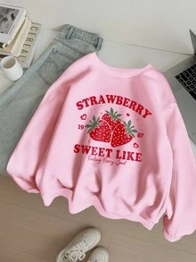 SHEIN EZwear 大码草莓印花休闲简约宽松加厚圆领长袖女式卫衣，粉色草莓图案卫衣，秋冬季可爱草莓水果卫衣 - 粉色 - 查看 5