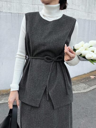 FRIFUL Women's Wool Vest & Solid Color Tie Waist Skirt 2 Pieces Set Fall/Winter
