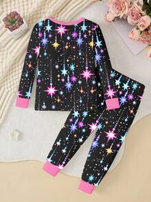 2 件套幼儿女童可爱独角兽印花彩色星星亮灯圆领针织睡衣套装，舒适休闲紧身长袖上衣和裤子，黑色 - 彩色 - 查看 2