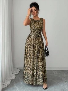 Rafferiza 女式优雅豹纹网眼圆领褶饰腰部抽绳 A 字形无袖长裙 - 卡其色 - 查看 4