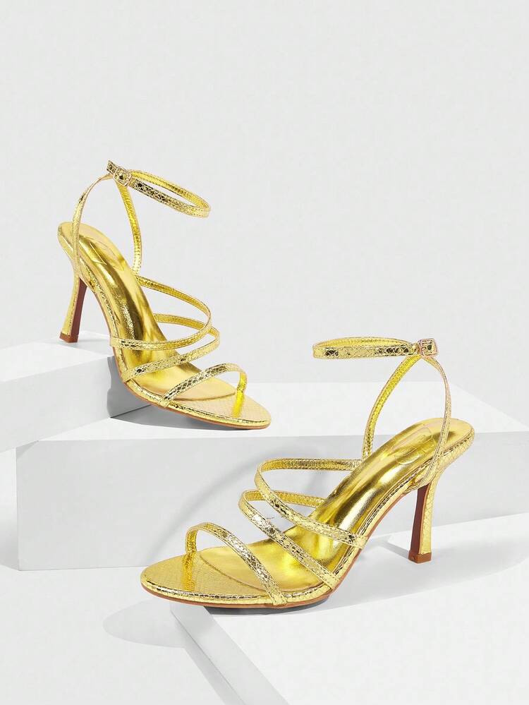 CUCCOO SZL 女性用ゴールドメタリックヘビ柄ストラップ付きファッショナブルでセクシーなラウンドトゥエレガントなナイトクラブメタリックシックなハイヒールサンダル