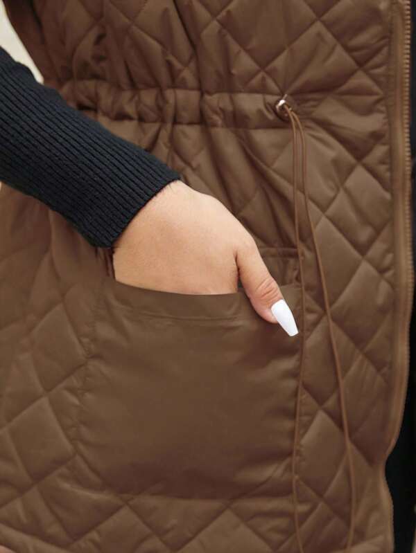Calvaya Plus Size Women Drawstring Waist Cargo Pocket Casual Quilted Vest Jacket, Winter Clothes Fall Clothes, For Christmas Autumn Women Vest Brown Jacket Women Warm Clothes Women