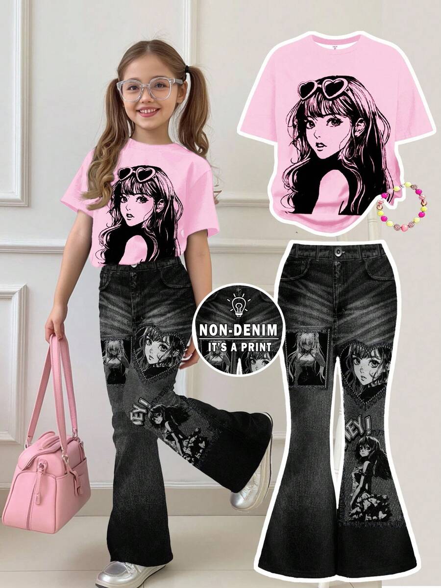 SHEIN 2 件套年轻女孩休闲卡通图案圆领短袖上衣和喇叭裤套装，夏季 - 彩色 - 查看 1