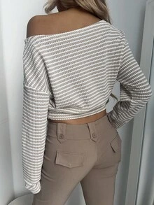 Aloruh 新款时尚不对称肩部休闲条纹长袖T恤，不对称肩部设计，上衣宽松，下装紧身，显瘦，杏色 - 杏色 - 查看 4