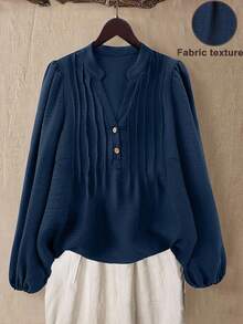 Linhara 大码休闲度假衬衫，纽扣装饰，荷叶边袖，前条纹设计，乡村休闲风，适合日常穿着，秋季女装 - 藍色 - 查看 1