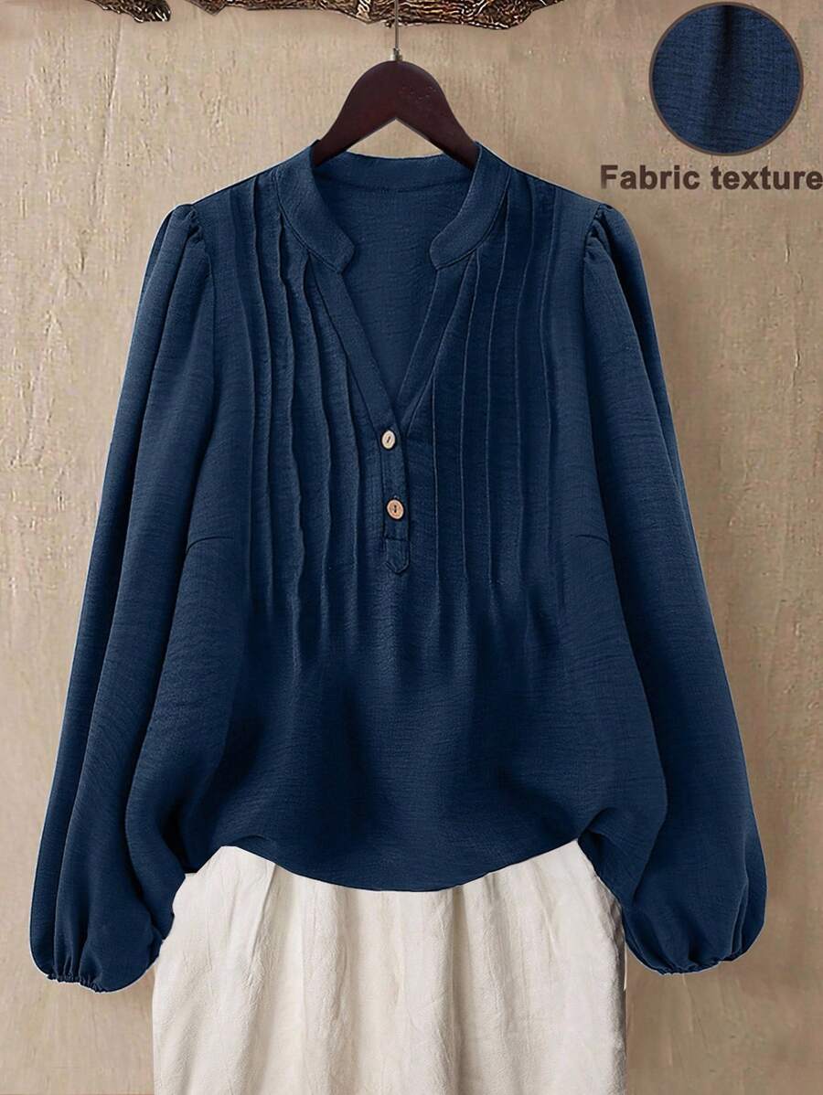 Linhara 大码休闲度假衬衫，纽扣装饰，荷叶边袖，前条纹设计，乡村休闲风，适合日常穿着，秋季女装 - 藍色 - 查看 1