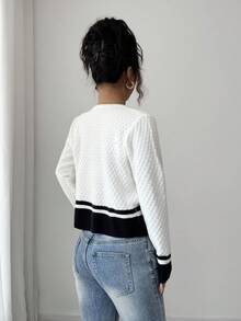 SHEIN Clasi Elegant Romantic Striped Round Neck Cardigan With Metal Button Decor, Black & White Knit Sweater For Women, Autumn - Black and White - View 3