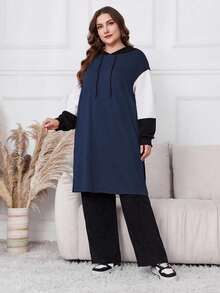 Lacomfia Plus Size Solid Color Patchwork Long Sleeve Hoodie And Pants 2pcs Set 2 Pieces Set - Navy Blue - View 3