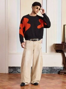 SWAVVY 标准尺寸男士提花针织长袖圆领毛衣，秋冬 - 黑色 - 查看 6