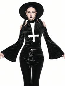 ROMWE Goth Gothic Dark Style Halloween, Inverted Cross Embroidery Off-Shoulder Flare Sleeve Velvet Crop Top For Women