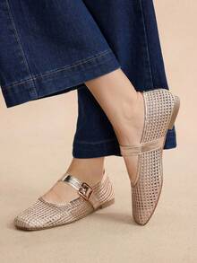 Rosivie 女士时尚杏色编织镂空平底鞋 - 金色 - 查看 4
