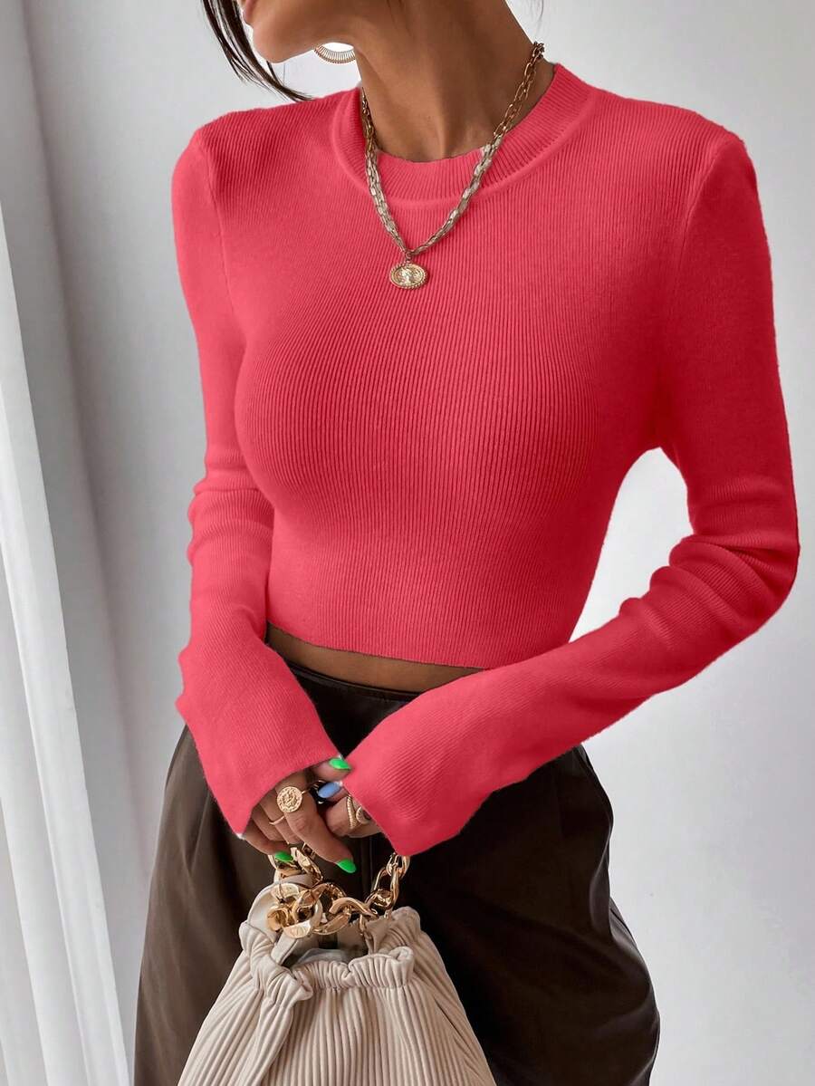 EMERY ROSE Women's Solid Color Round Neck Long Sleeve Cropped Fitted Pullover Sweater, Autumn Fall Winter Cloth For Women, Christmas - Watermelon Pink - View 1