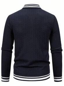 Manfinity Homme Men's Striped Long Sleeve Zip-Up Casual Knit Cardigan, Autumn - Navy Blue - View 2