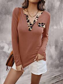 EMERY ROSE Women's Leopard Patchwork Simple Daily Notch Neck Long Sleeve T-Shirt Graphic Cheetah Print Tees Women Tops For Spring - Burnt Orange - View 4