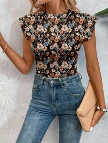 SHEIN LUNE Bodysuit Wanita Kasual Motif Bunga Vintage, Cocok untuk Musim Semi/Panas - MultiWarna - View 4