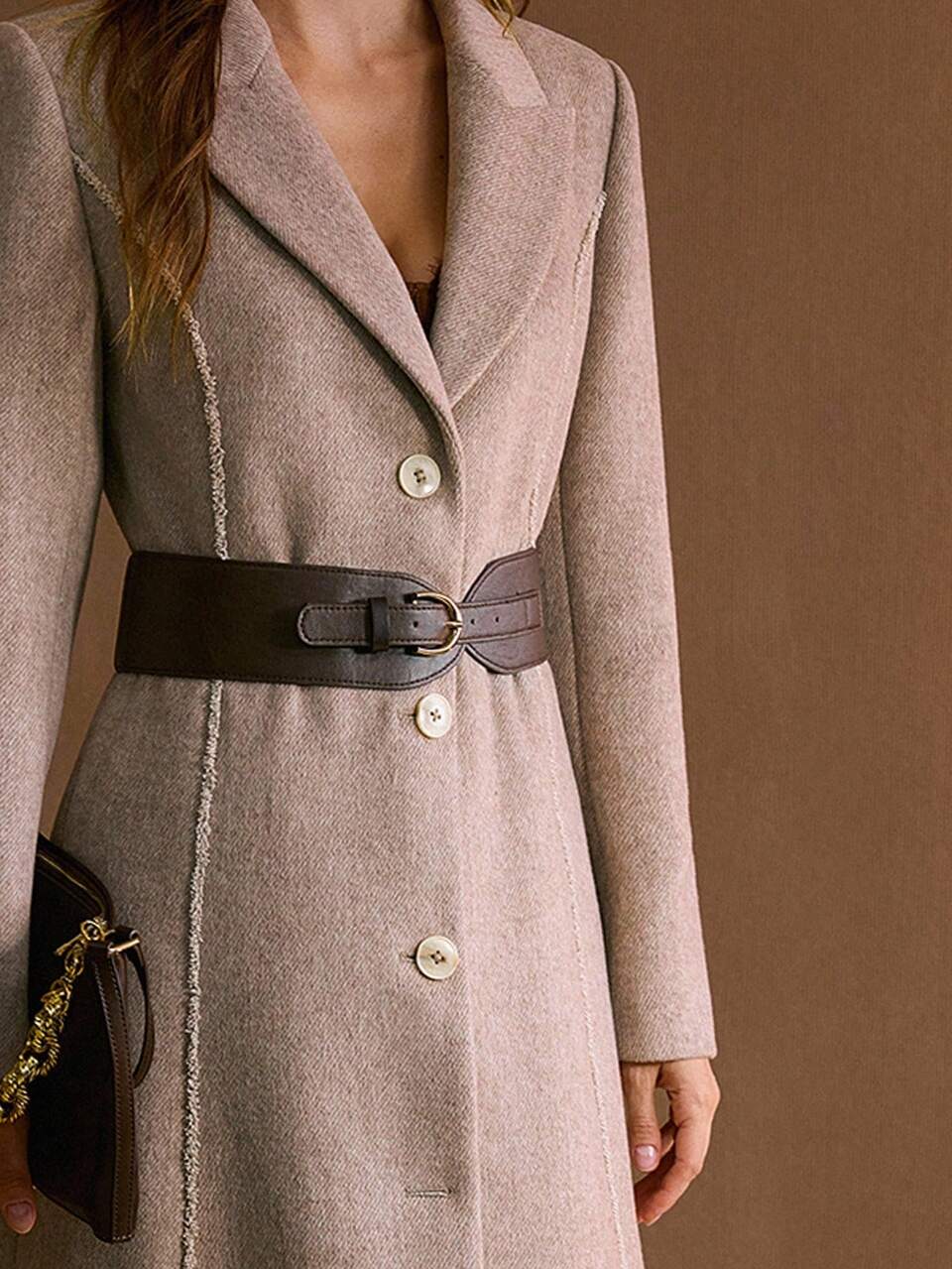 AUTUMN/WINTER ELEGANT COMMUTER ROMANTIC WAIST-CINCHED TWILL WOOL BLEND OVERCOAT WITH BELT