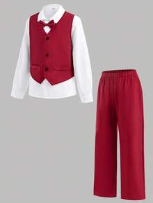 SHEIN 3pcs Tween Boy Casual Gentleman Outfit - Vest, Shirt, Shorts With Bowknot, Suitable For Commuting, School, Daily Casual Wear, Spring/Summer, Also Suitable For Wedding, Birthday Party, Christmas Christmas Christmas Christmas Red Christmas Autumn Winter Clothes For Girls - Red - View 5
