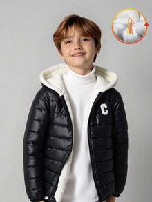 SHEIN 1pc Tween Boy Fashionable Thermal Lined Hooded Jacket, Winter Fall - Black - View 5
