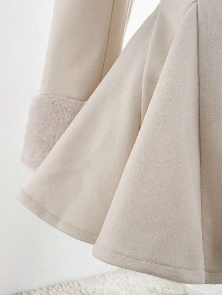 Sweetra 大码女士优雅纯色仿毛皮饰边开襟羊毛衫外套，适合通勤、户外活动、秋冬季穿着。 - 杏色 - 查看 5