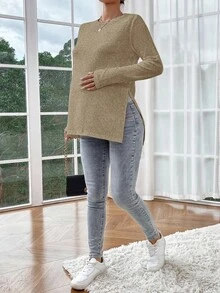 SHEIN Maglietta casual da maternità con spacco laterale, colore tinta unita, top da donna a maniche lunghe per primavera/autunno, colore marrone chiaro, top lungo marrone a maniche lunghe