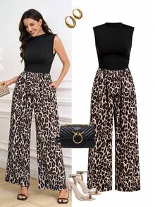 Ellevyn Women's Elegant & Comfortable Leopard Print Jumpsuit, Suitable For Vacation, Spring/Autumn - Multicolor - View 1