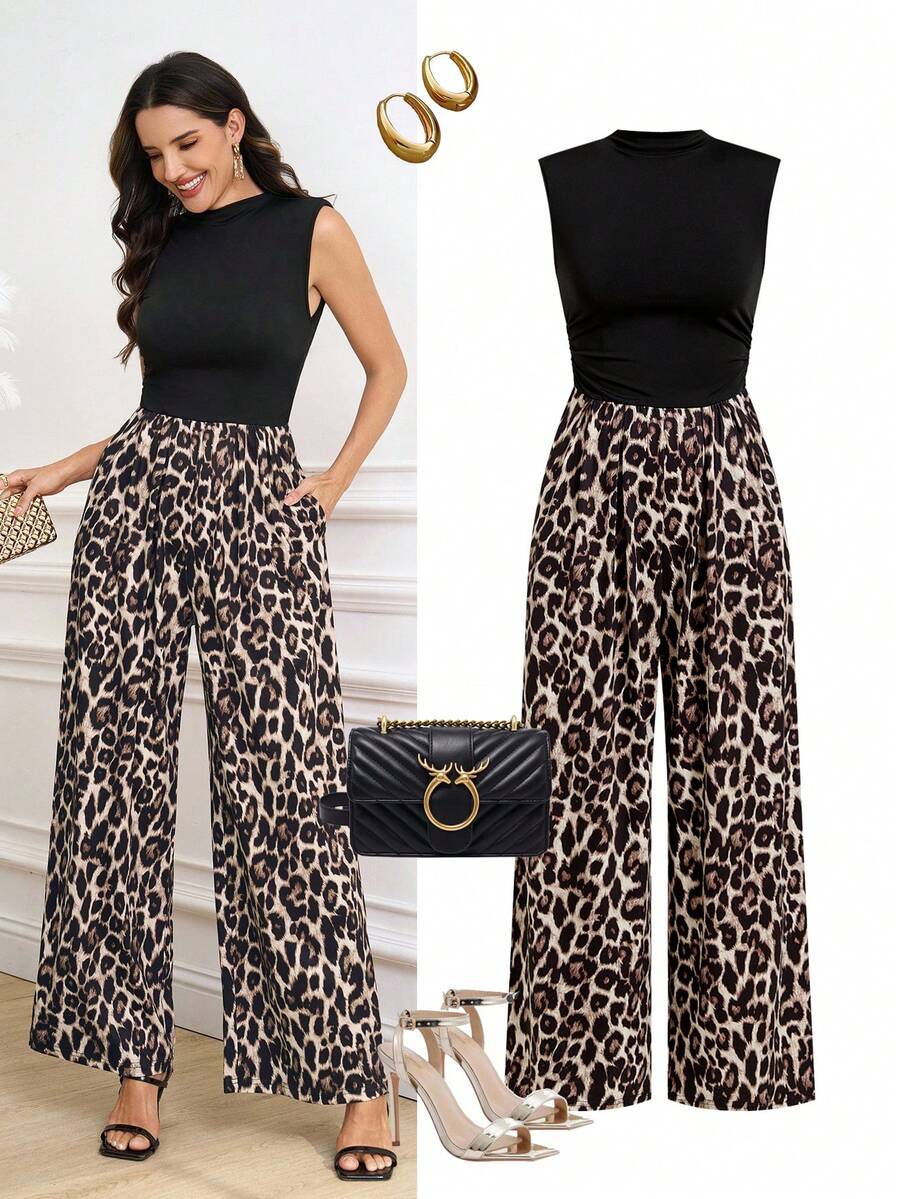 Ellevyn Women's Elegant & Comfortable Leopard Print Jumpsuit, Suitable For Vacation, Spring/Autumn - Multicolor - View 1