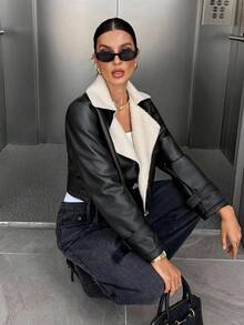 Siren Gaze 新款秋季女式休闲拼接仿毛领外套，休闲保暖 - 黑色 - 查看 5