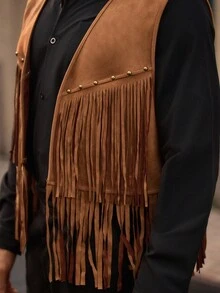 EASEVO Plus Size Men's Fashionable Vintage Fringe Decorated Vest Jacket Fringe Jacket Mens Fringe Men Waist Coat Western Vest For Men - Coffee Brown - View 2