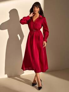 CLARA VERO Solid Color, Long Sleeve, Belted, V-Neck, Long Dress - Red - View 5