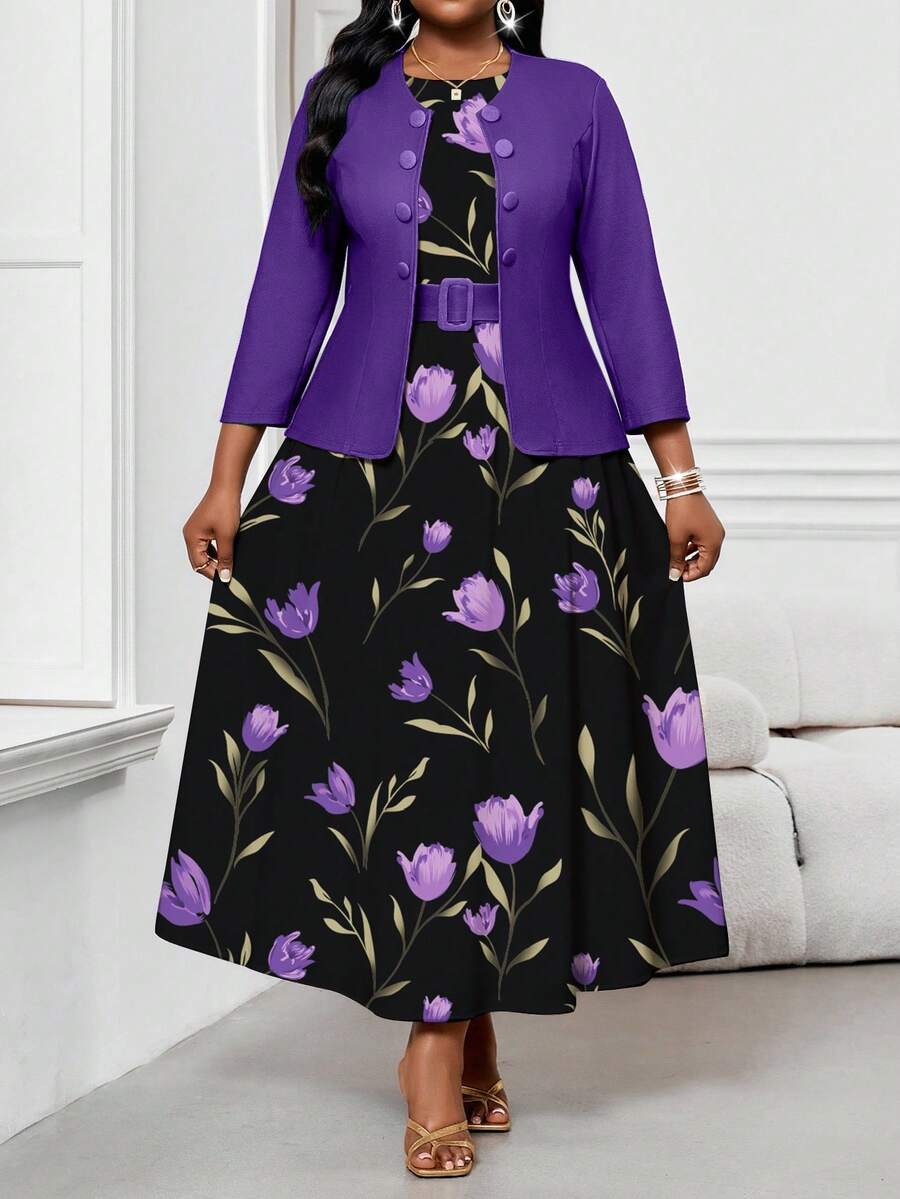 SHEIN Lady Autumn And Winter Elegant Modest Commuting Office Purple Dress Purple Plus Size Co-Ords Round Neck Chic Women's Set Women's Country Clothing Country Dress Country Dress For Women Purple Printed Two-Piece Suit Going Out Tops Halloween Clothes For Women Halloween Clothes For Women Dresses For Women Teacher Outfits For Women 2 Piece Sets For Women Women's Dresses Plus Size Dresses For Women Purple Dress Black Formal Dress For Women Formal Dresses For Women - Multicolor - View 1