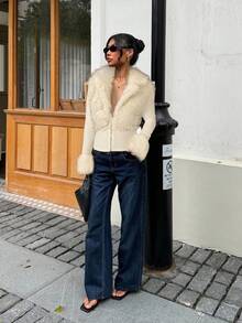 Muchica 杏色仿皮草拉链长袖女式夹克，时尚街头风格，秋冬