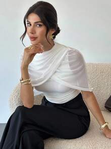 Firerie Áo lưới nhún bèo thường ngày dành cho nữ (Màu trắng) để mặc khi trở lại trường, đi làm, mặc cho giáo viên, mặc đi làm, đi chơi thường ngày, quần áo mùa thu dành cho nữ, quần thu/đông sang trọng, áo sang trọng, trang phục hẹn hò, áo cánh xã giao dành cho nữ và đàm phán kinh doanh. - trắng - Xem 3