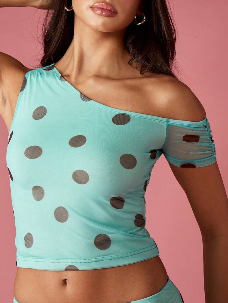 MISSGUIDED One Shoulder Polka Dot Crop Top With Mesh Sleeve